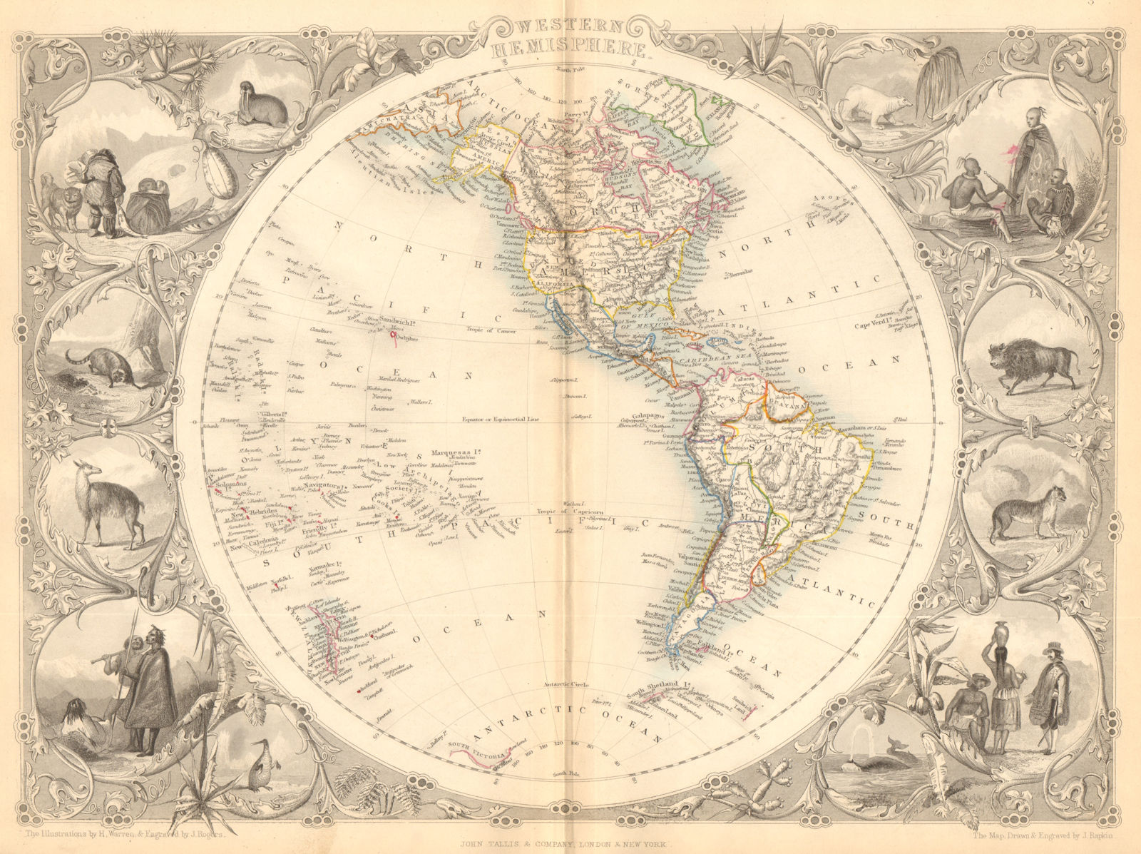 Associate Product WESTERN HEMISPHERE. Shows Russian America, Gran Colombia.TALLIS/RAPKIN 1849 map