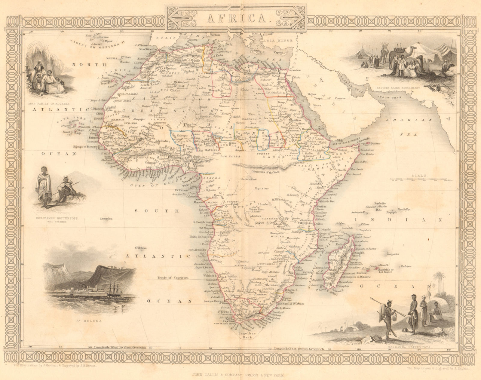 AFRICA. Shows Mountains of Kong/the Moon. Caravan routes.TALLIS/RAPKIN 1849 map