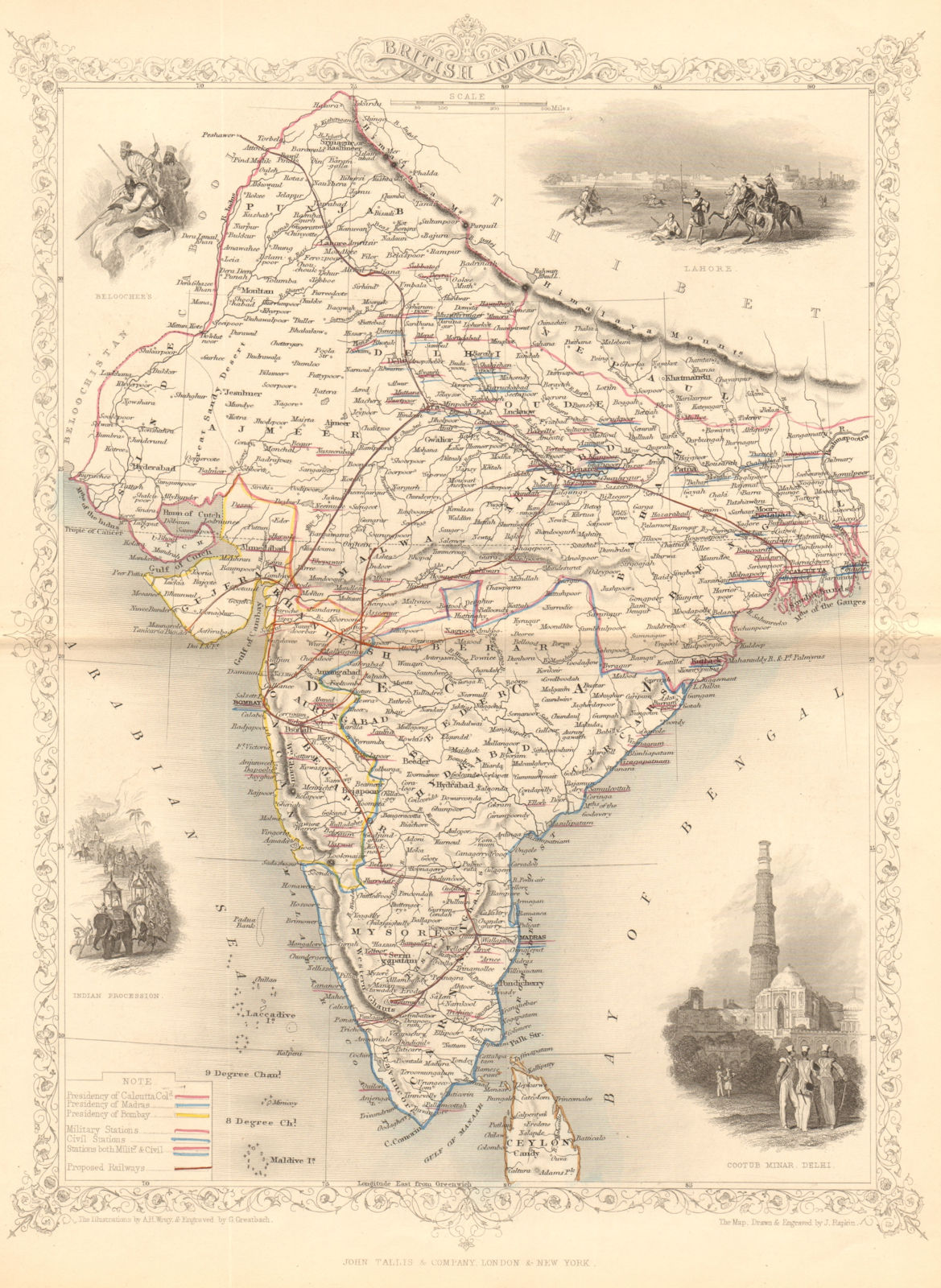 Associate Product BRITISH INDIA. shows 'Proposed Railways'. Military bases.TALLIS/RAPKIN 1849 map