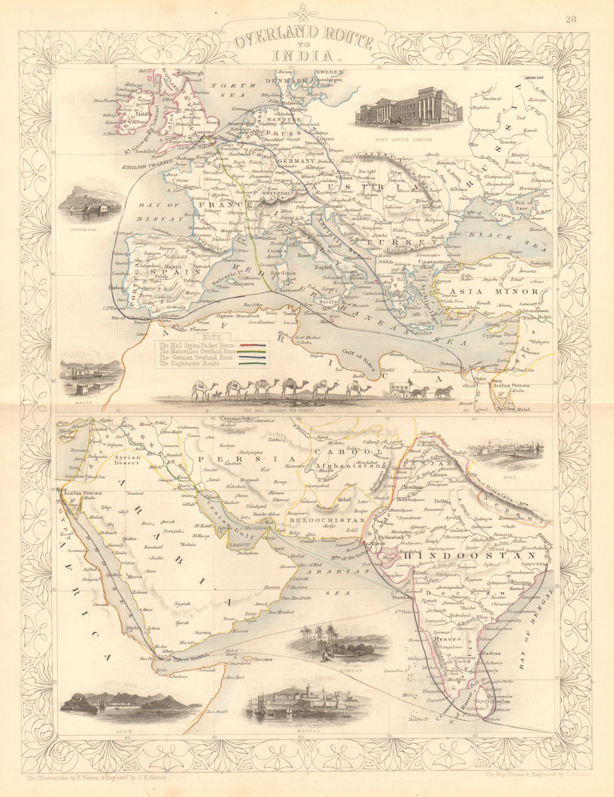 OVERLAND ROUTE TO INDIA. Steam France Germany Euphrates.TALLIS/RAPKIN 1849 map
