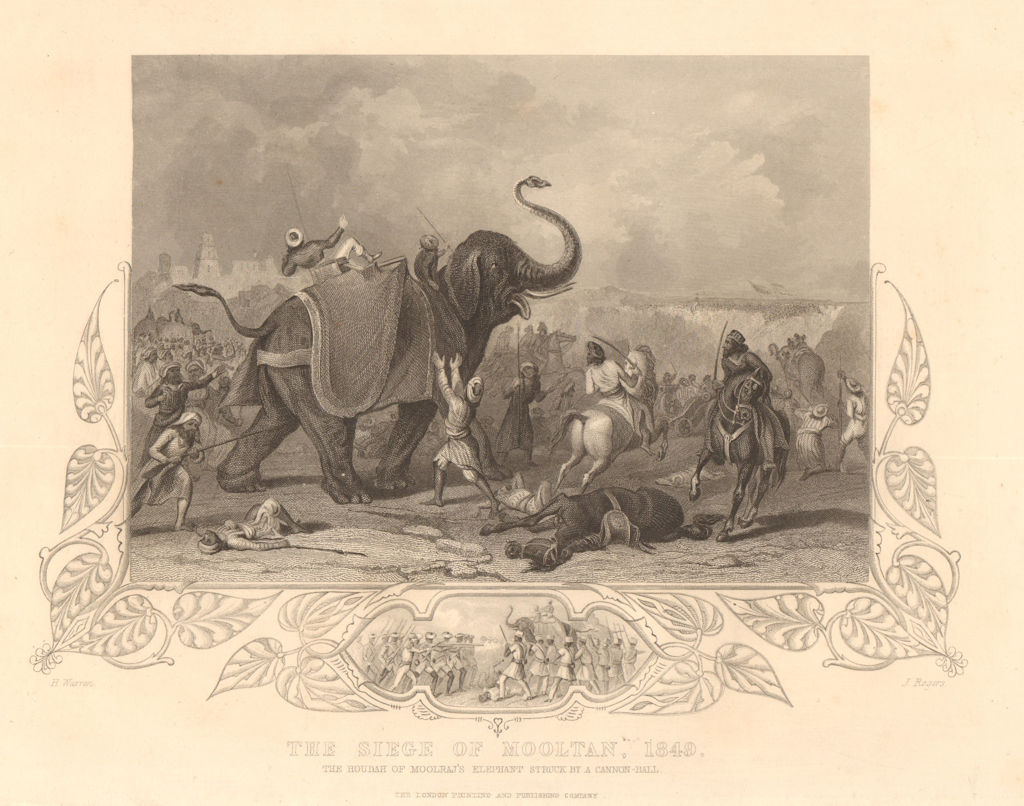 SIEGE OF MULTAN 1849. Houdah of Moolraj's elephant hit by a cannonball 1849
