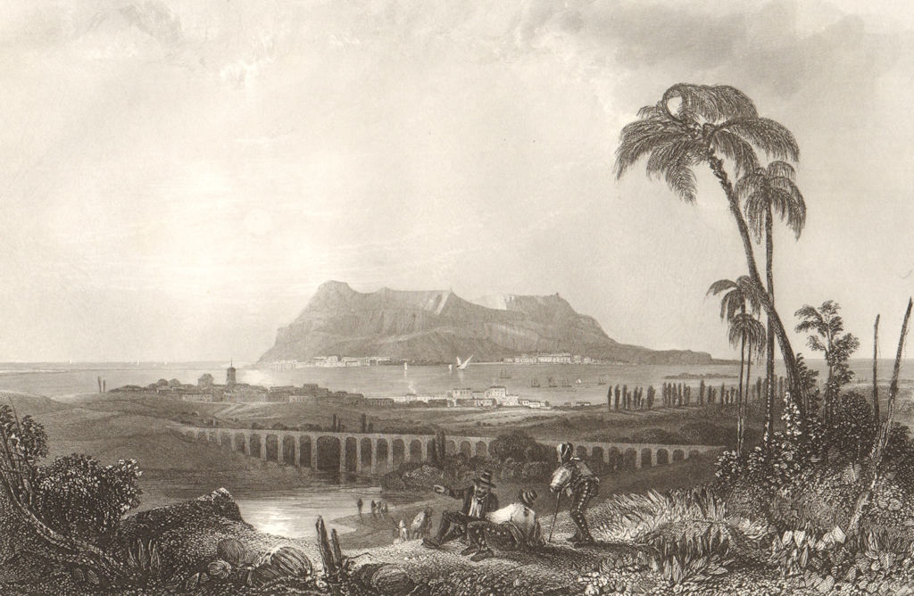 View of GIBRALTAR from Algeciras. Steel engraving by TALLIS 1849 old print