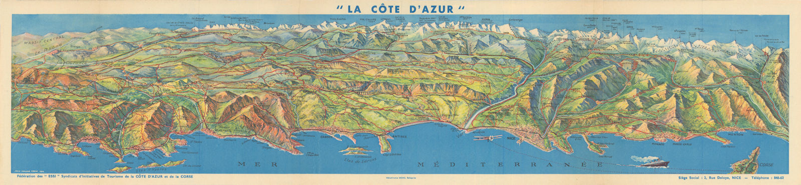 Côte d'Azur panorama. Toulon-St Tropez-Cannes-Nice-Monaco-Menton. ESSI c1938 map