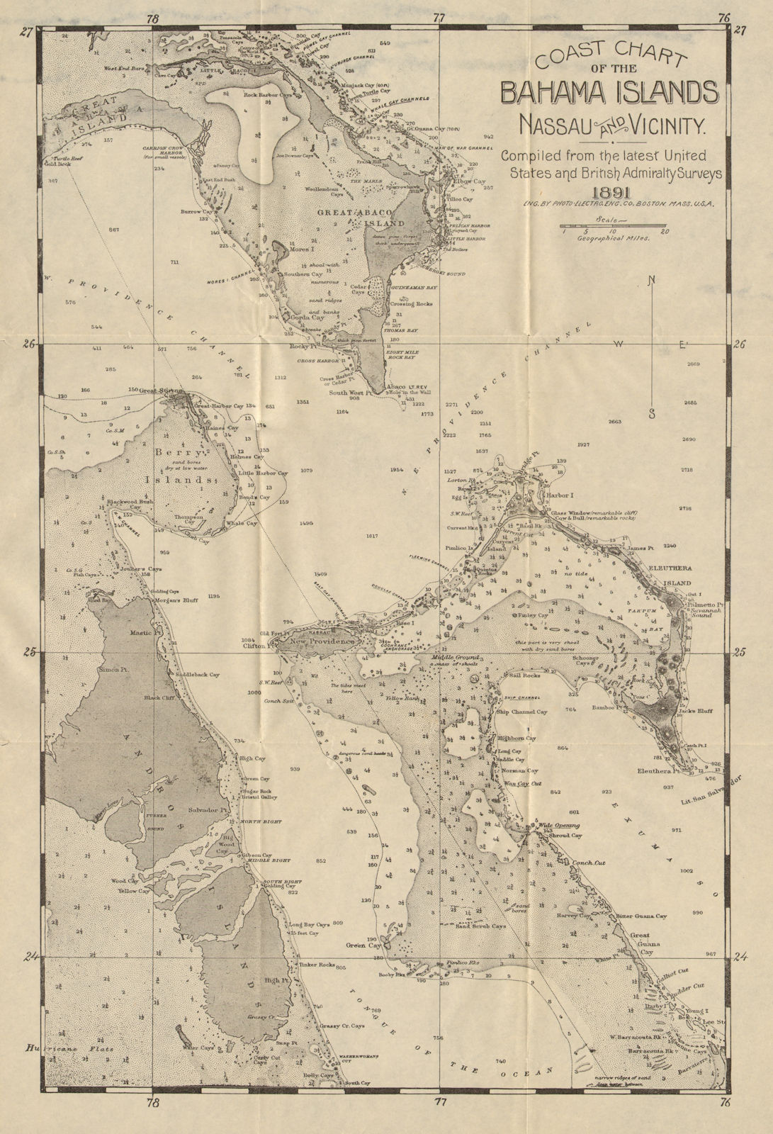 BAHAMAS SEA & COASTAL CHART. Nassau Andros Eleuthera Great Abaco Berry 1891 map