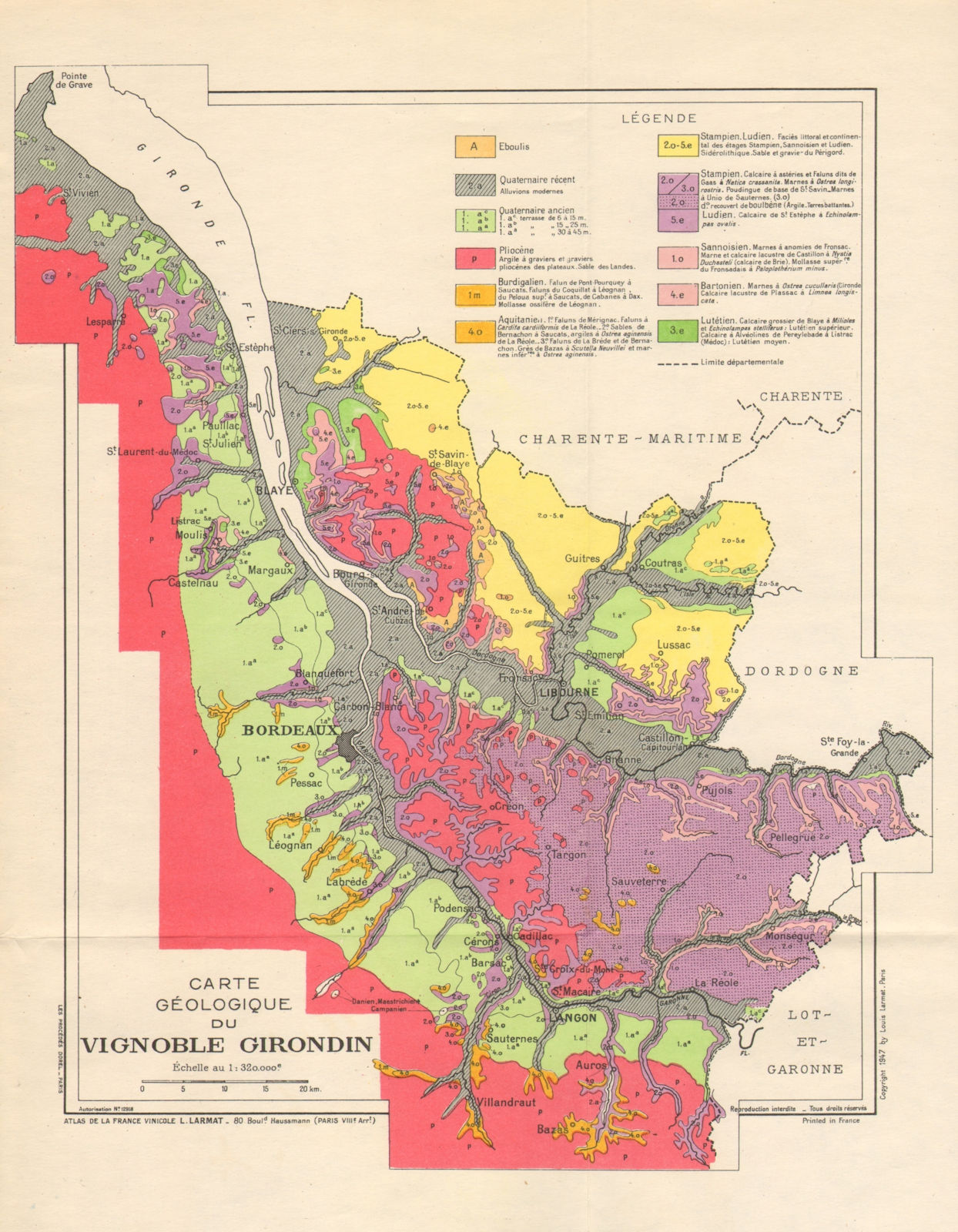 Associate Product BORDEAUX WINE GEOLOGY. Carte géologique du Vignoble Girondin. LARMAT 1947 map
