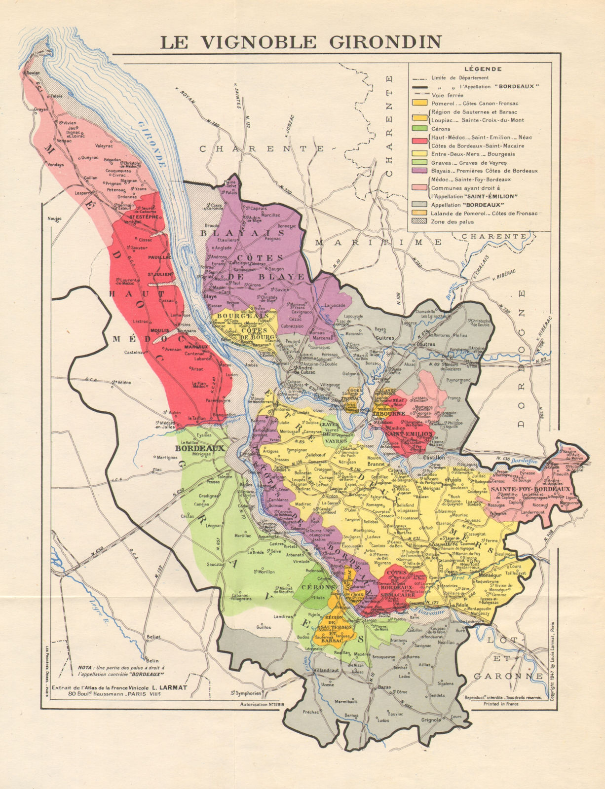 BORDEAUX WINE. Les Vins de Bordeaux - Le Vignoble Girondon. LARMAT 1947 map