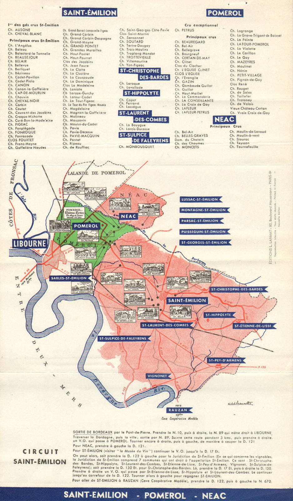 BORDEAUX WINE TOURING MAP. Saint-Emilion - Pomerol - Neac. LARMAT c1947