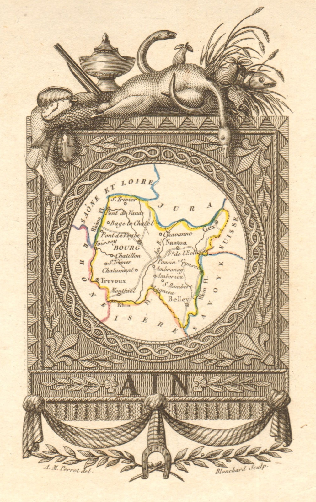 AIN département. Scarce antique map/carte by A.M. PERROT 1823 old