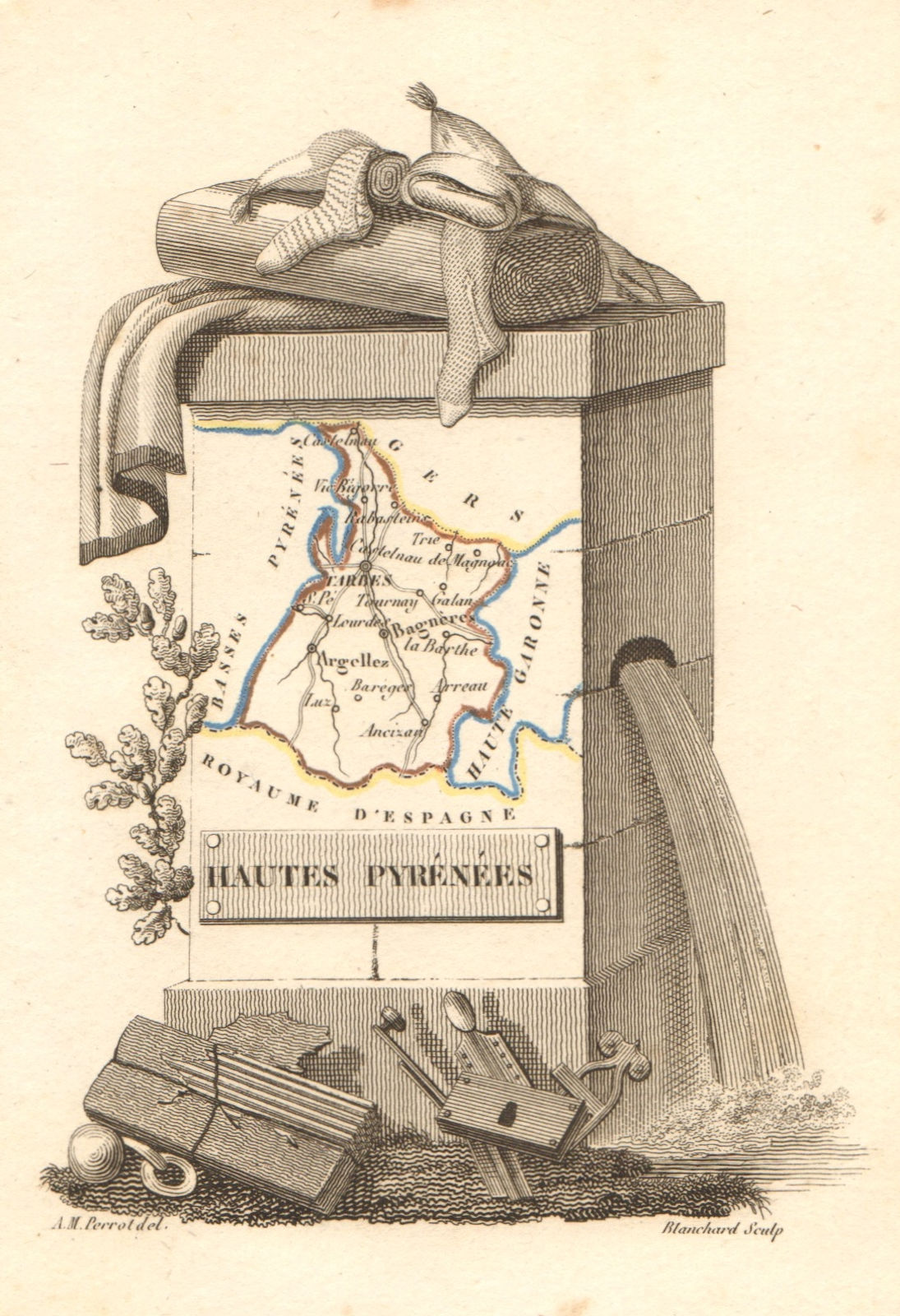 Associate Product HAUTES-PYRÉNÉES département. Scarce antique map/carte by A.M. PERROT 1823