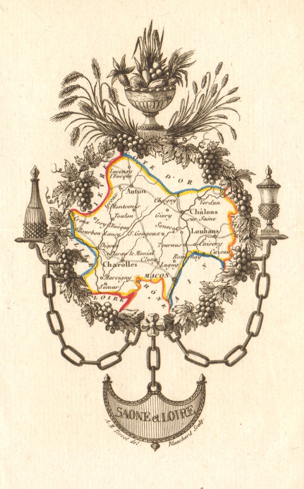 Associate Product SAÔNE ET LOIRE département. Scarce antique map/carte by A.M. PERROT 1823
