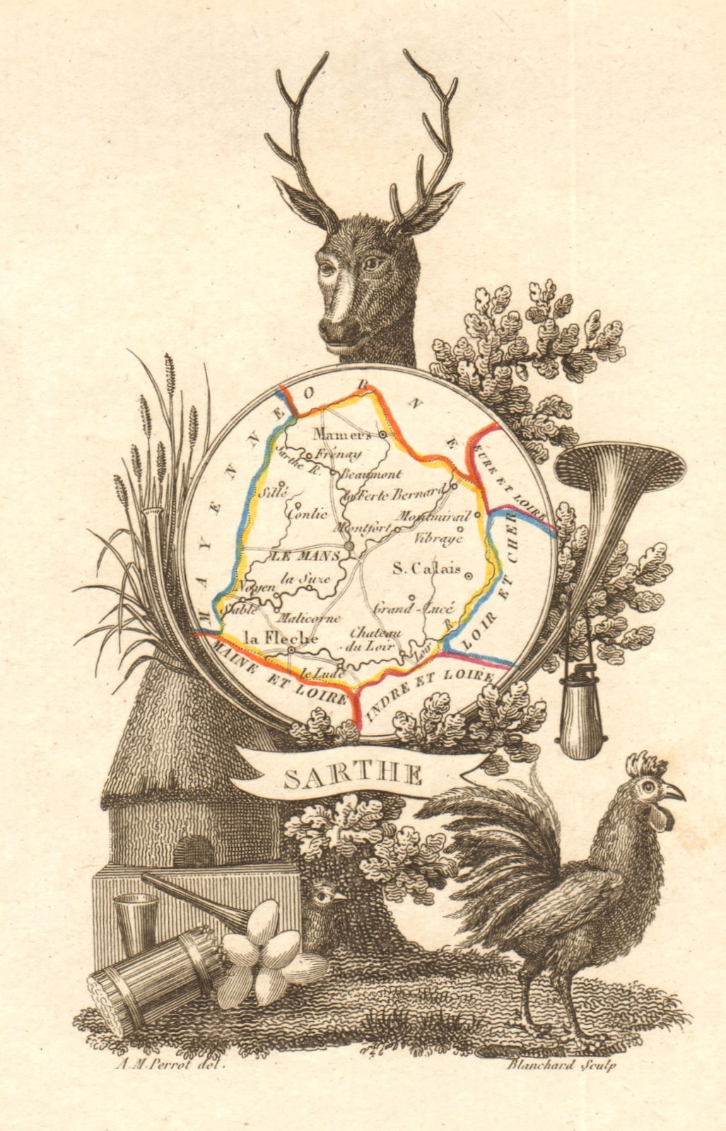 Associate Product SARTHE département. Scarce antique map/carte by A.M. PERROT 1823 old