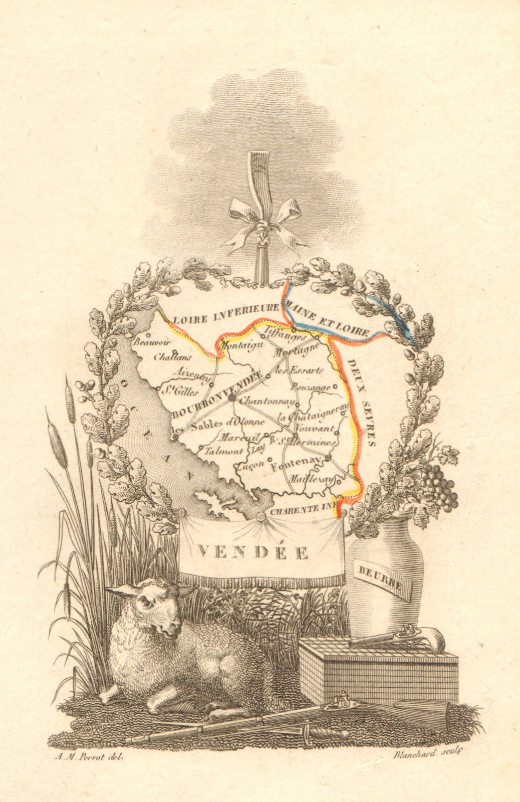 Associate Product VENDÉE département. Scarce antique map/carte by A.M. PERROT 1823 old
