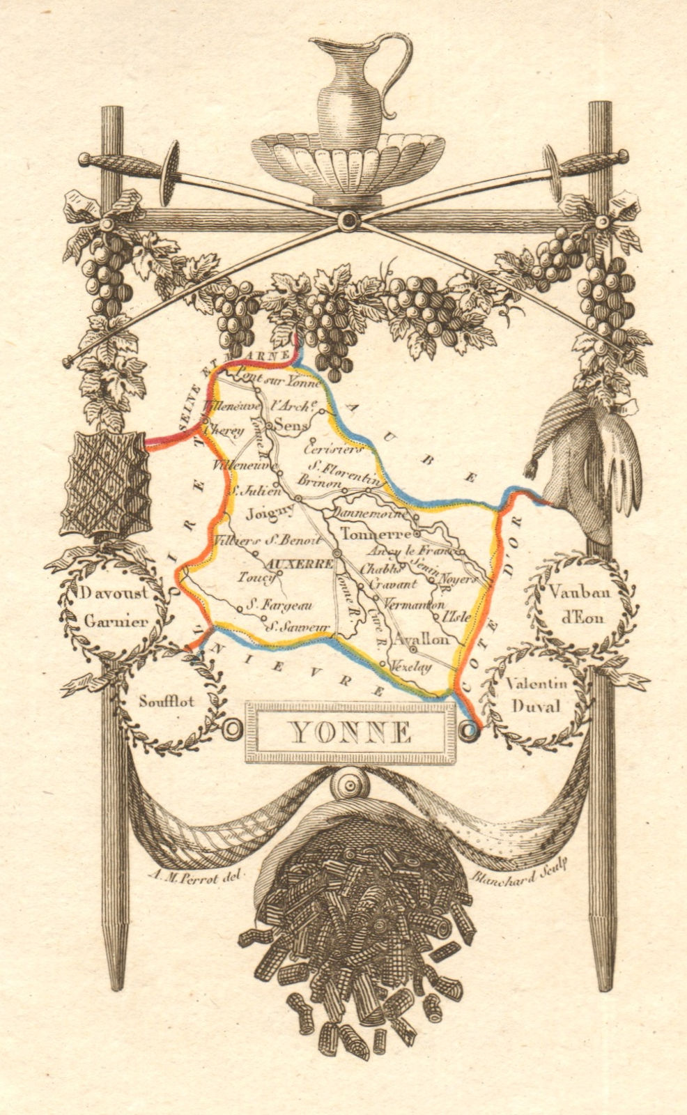 YONNE département. Scarce antique map/carte by A.M. PERROT 1823 old