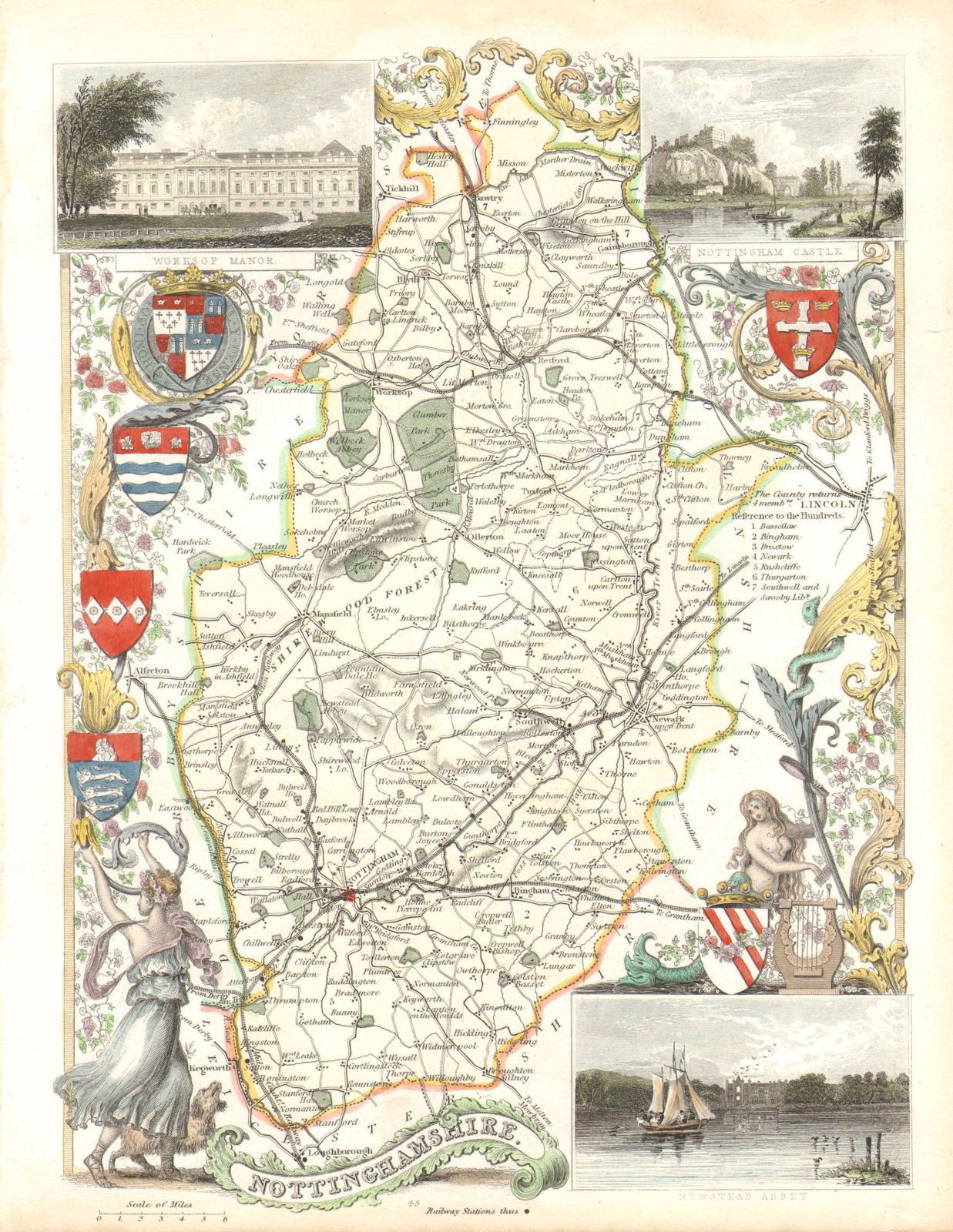 Associate Product Nottinghamshire antique hand-coloured county map by Thomas Moule c1840 old