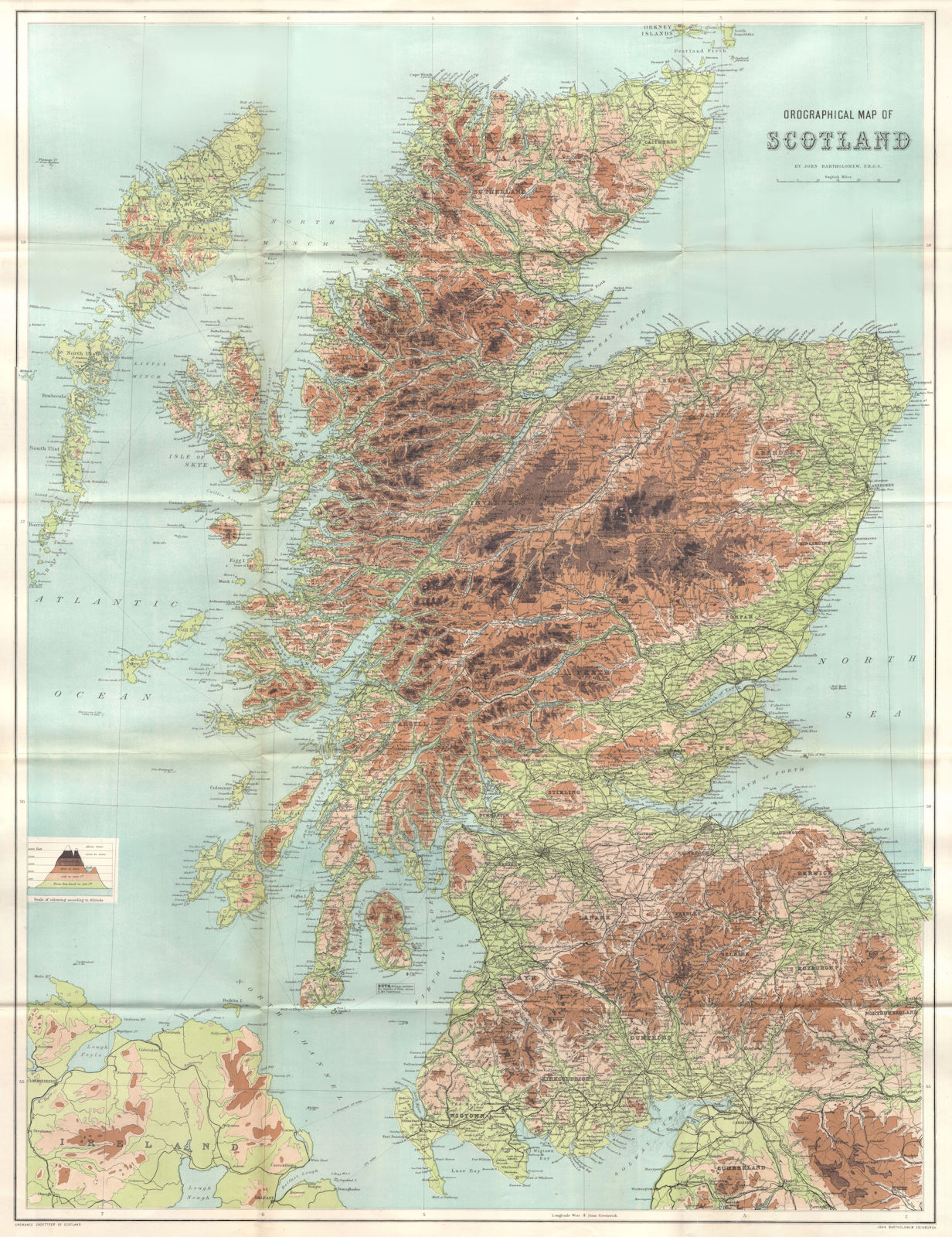 Antique SCOTLAND OROGRAPHICAL Relief map. Large. BARTHOLOMEW 1885 old