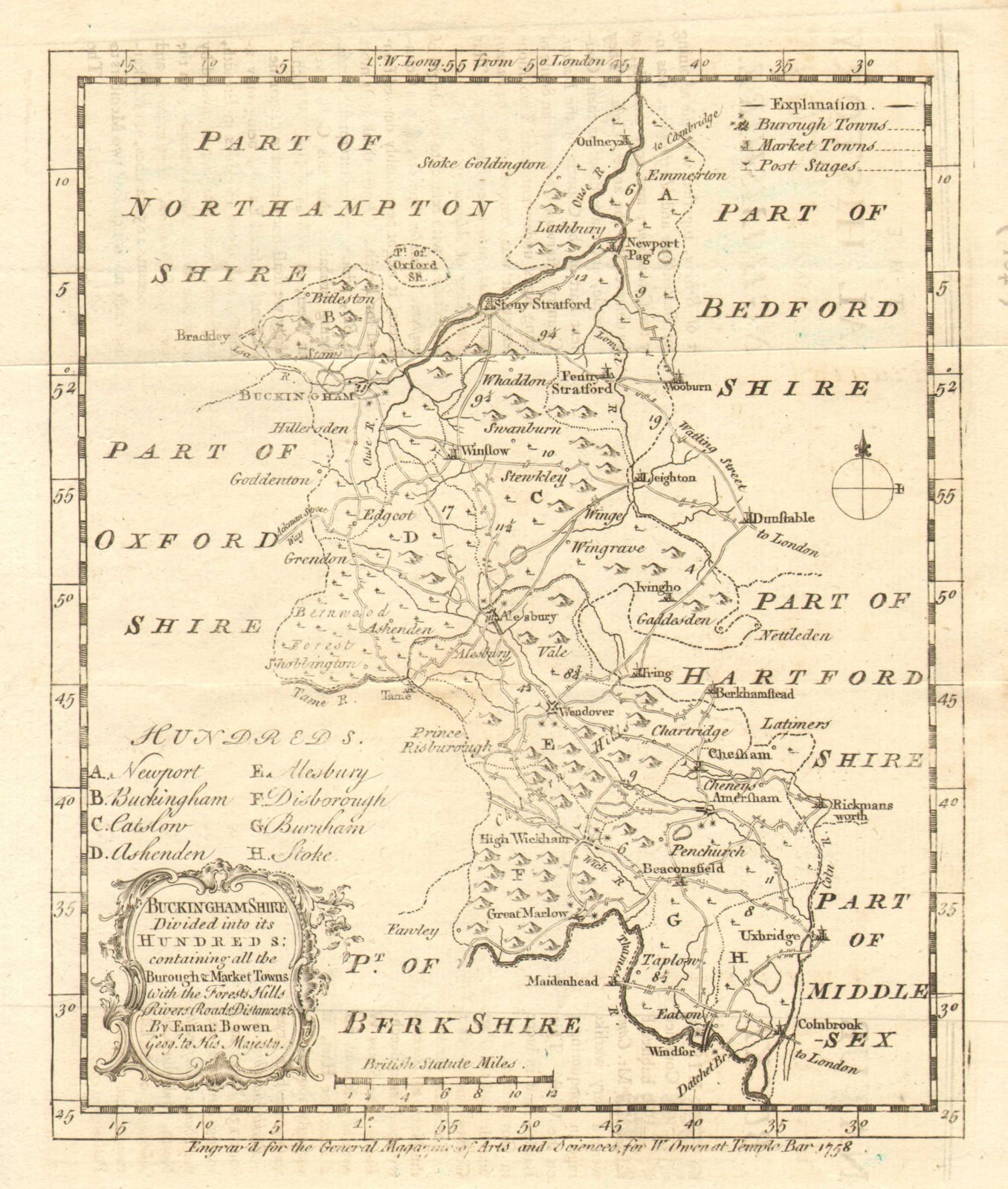 Antique map of Buckinghamshire by Emmanuel Bowen 1758 old chart