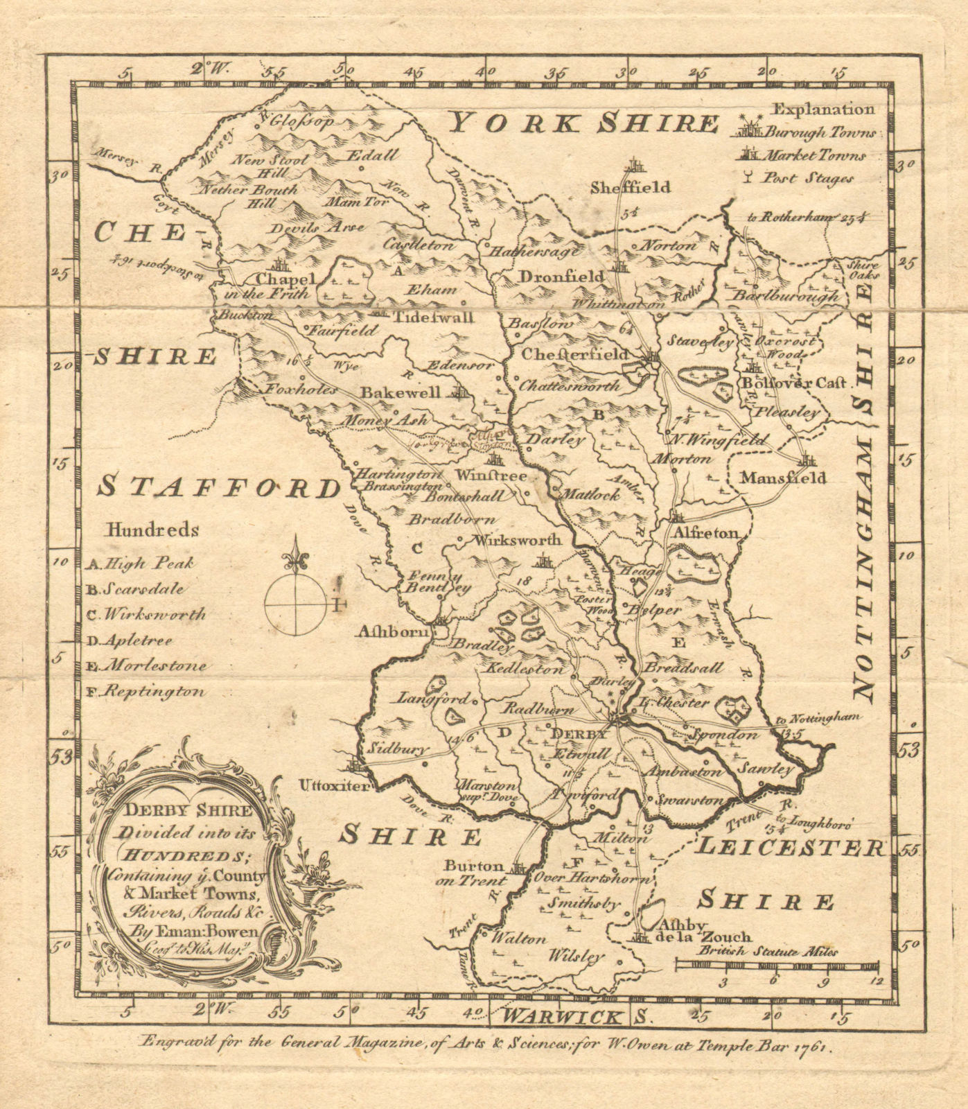 Antique map of Derbyshire by Emmanuel Bowen 1761 old plan chart