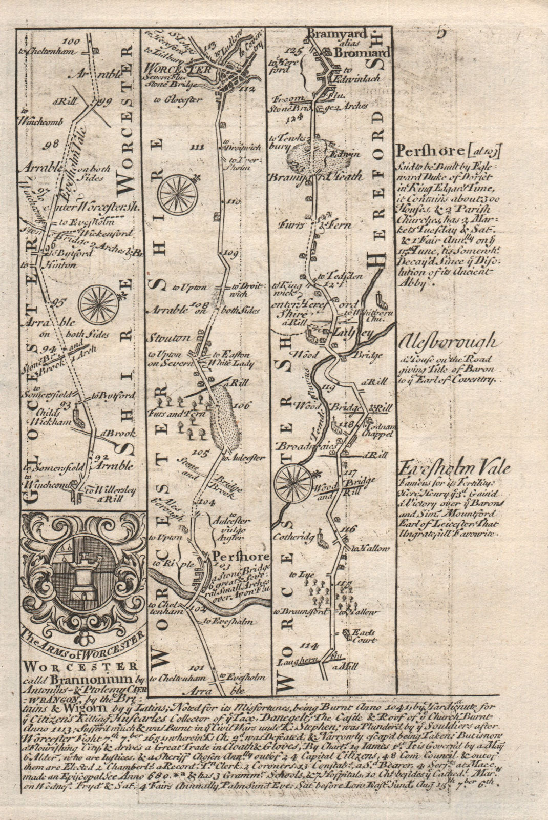 Associate Product Childswickham-Pershore-Worcester-Lulsley-Bromyard road map by OWEN & BOWEN 1753