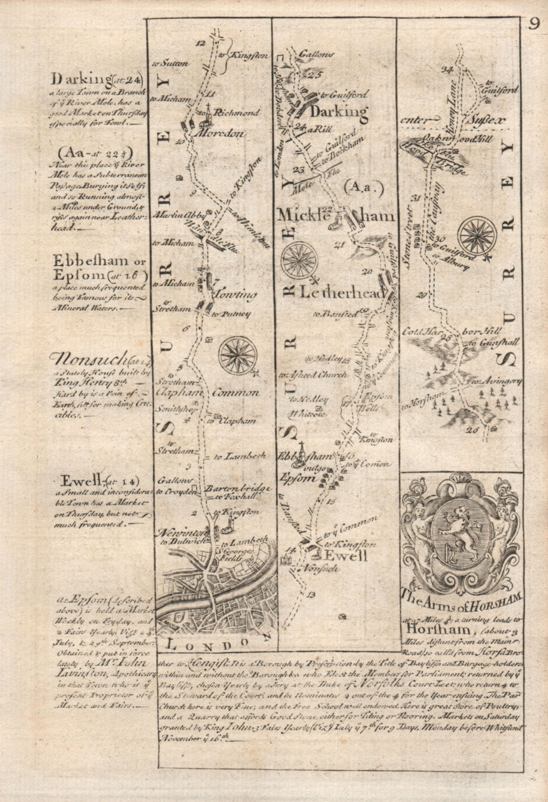 Associate Product London-Clapham-Tooting-Ewell-Leatherhead-Dorking OWEN/BOWEN road map 1753