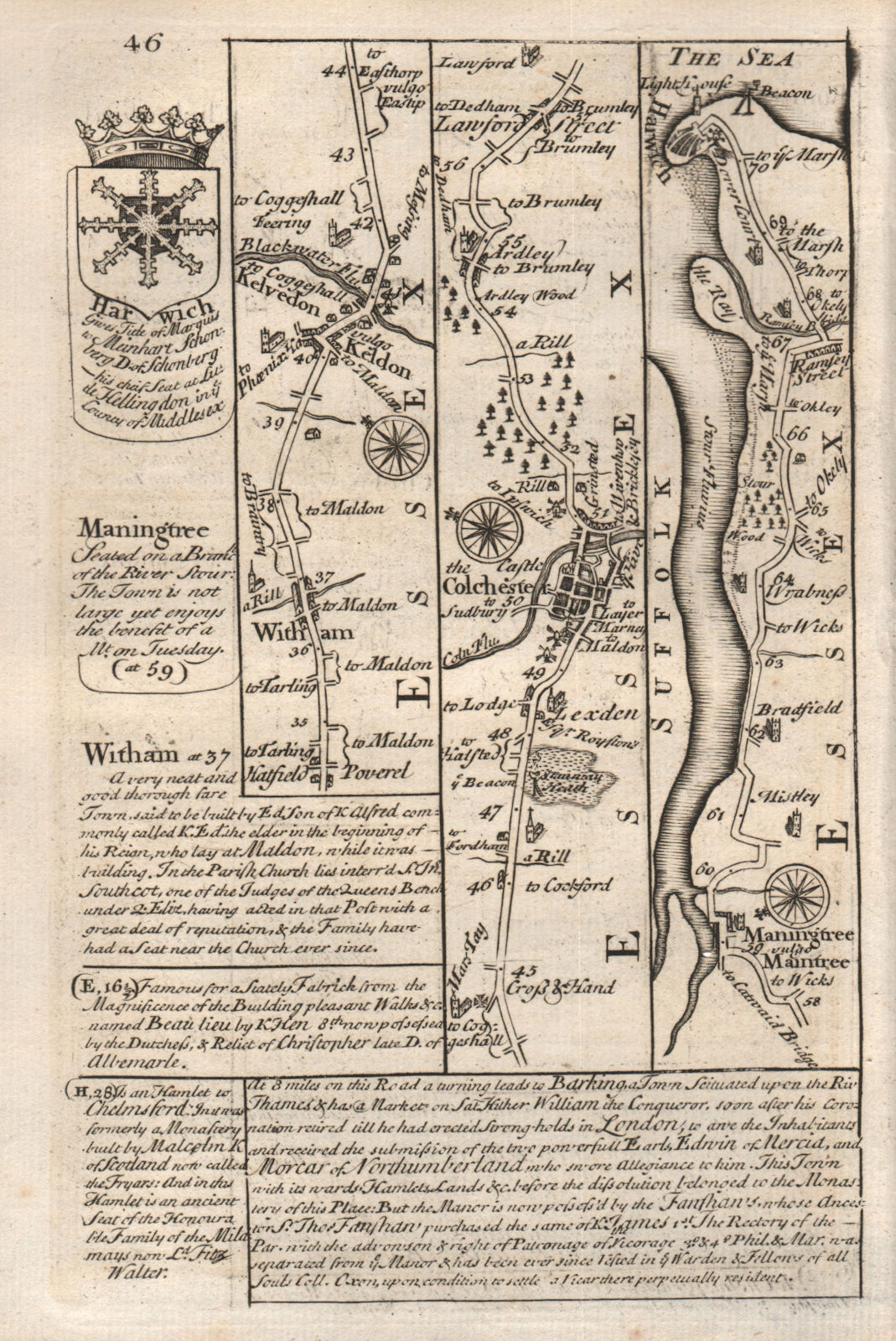 Witham-Kelvedon-Colchester-Manningtree-Harwich road map by OWEN & BOWEN 1753