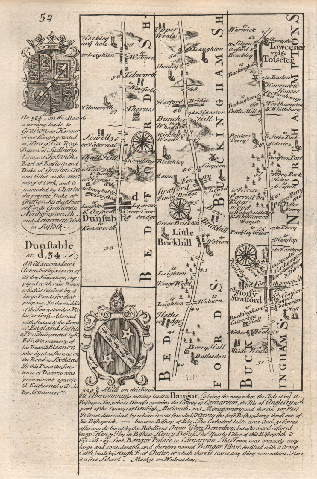 Dunstable-Little Brickhill-Stony Stratford-Towcester OWEN/BOWEN road map 1753