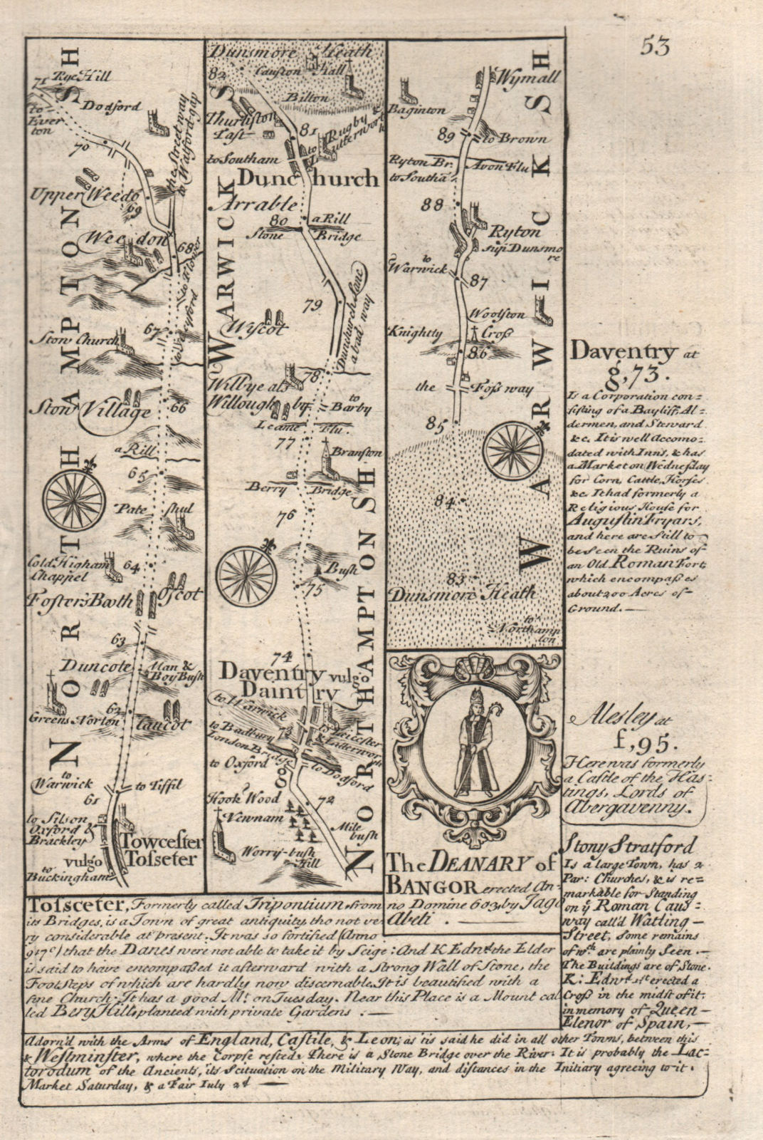 Towcester-Daventry-Dunchurch-Ryton on Dunsmore road map by OWEN & BOWEN 1753