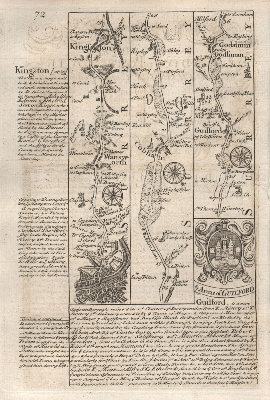 Associate Product London-Clapham-Wandsworth-Kingston-Cobham-Guildford-Godalming BOWEN map 1753