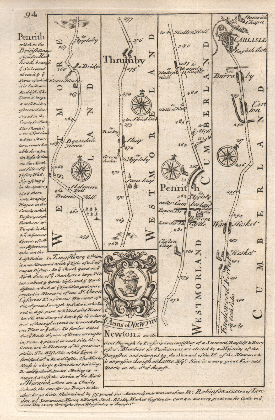 Penrith-High Hesket-Carleton-Carlisle road map by J. OWEN & E. BOWEN 1753
