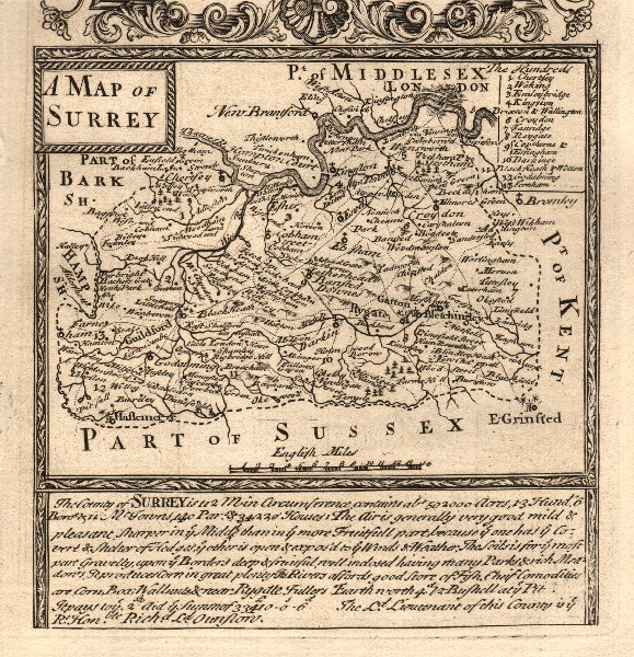 County map by J 'A Map of Surrey' BOWEN 1753 old antique chart OWEN & E 