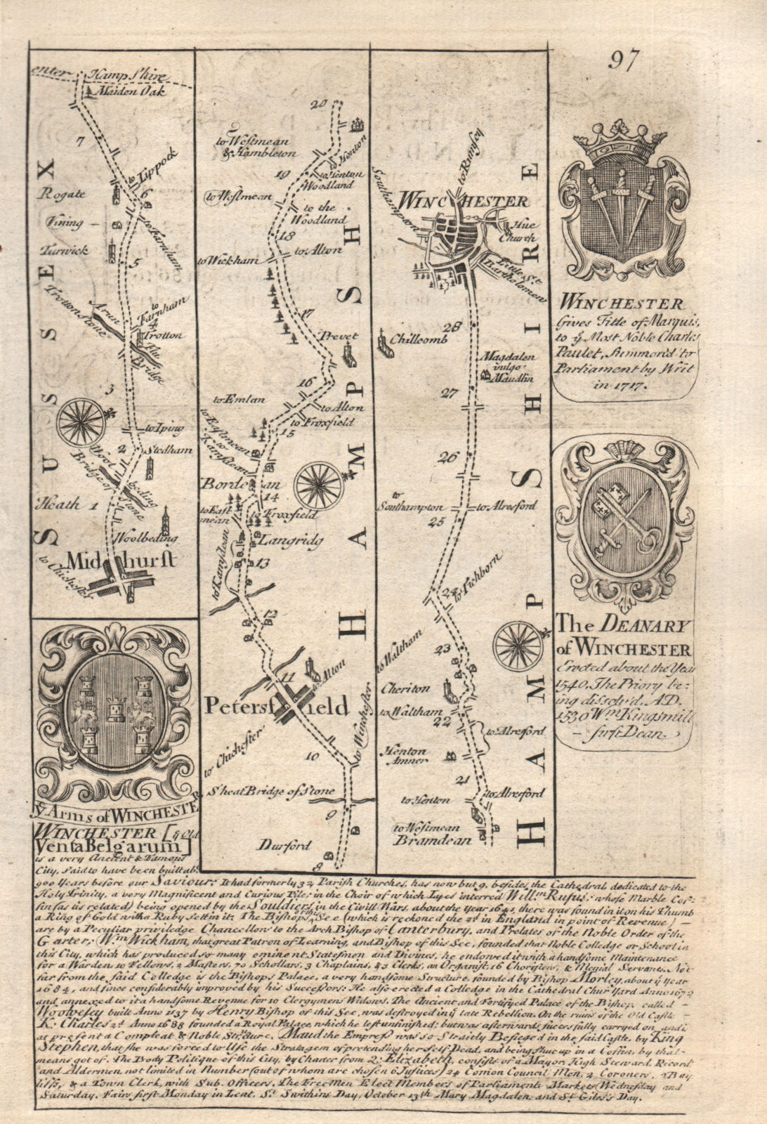 Associate Product Midhurst-Petersfield-Bordean-Winchester road map by J. OWEN & E. BOWEN 1753