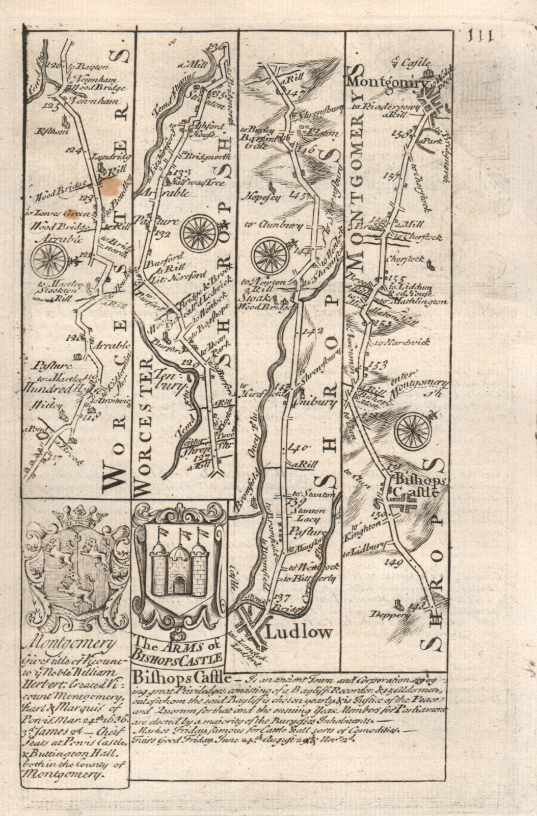 Tenbury Wells-Ludlow-Bishop's Castle-Montgomery road map by OWEN & BOWEN 1753