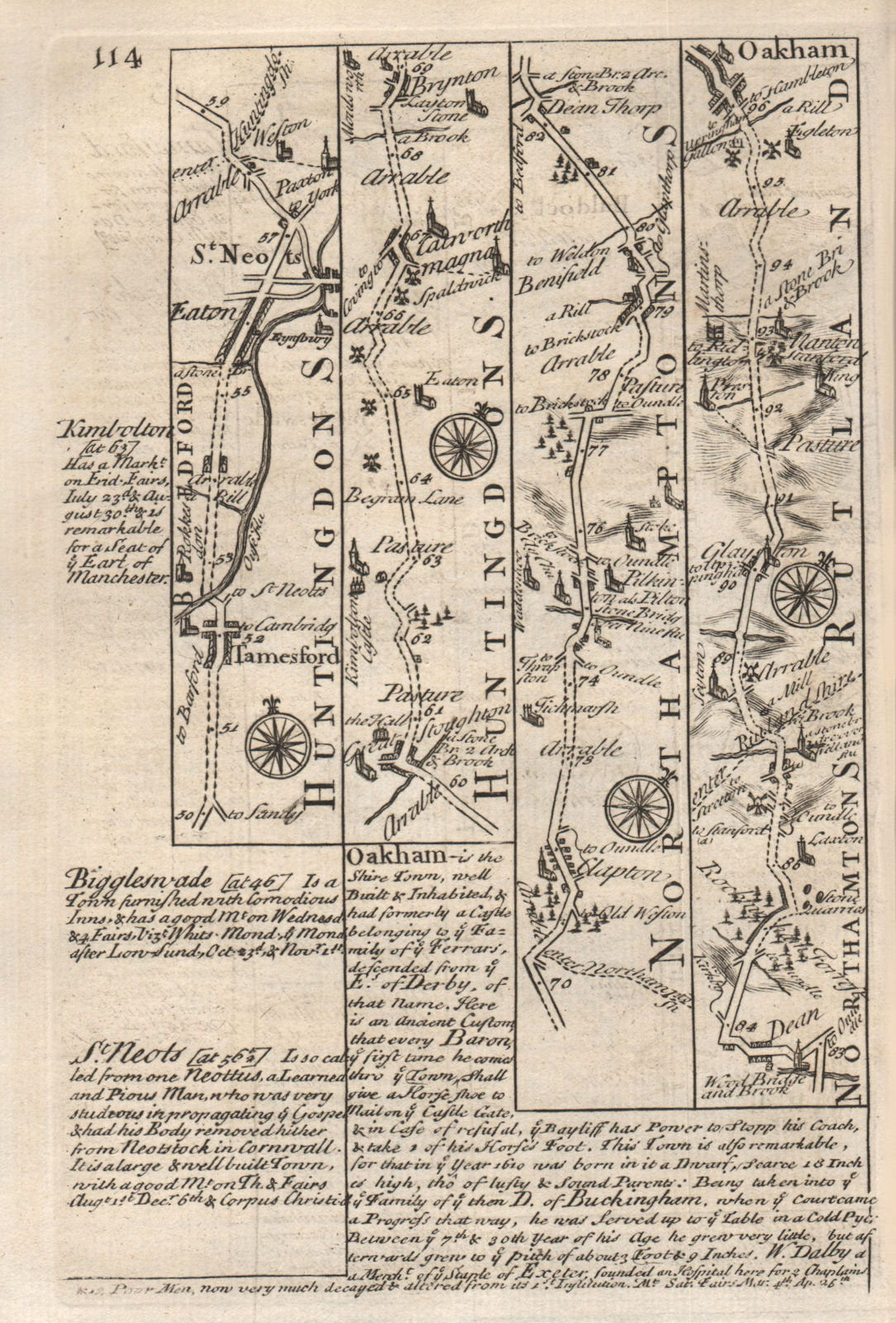 Associate Product St Neots-Brington-Clopton-Oakham road strip map by J. OWEN & E. BOWEN 1753