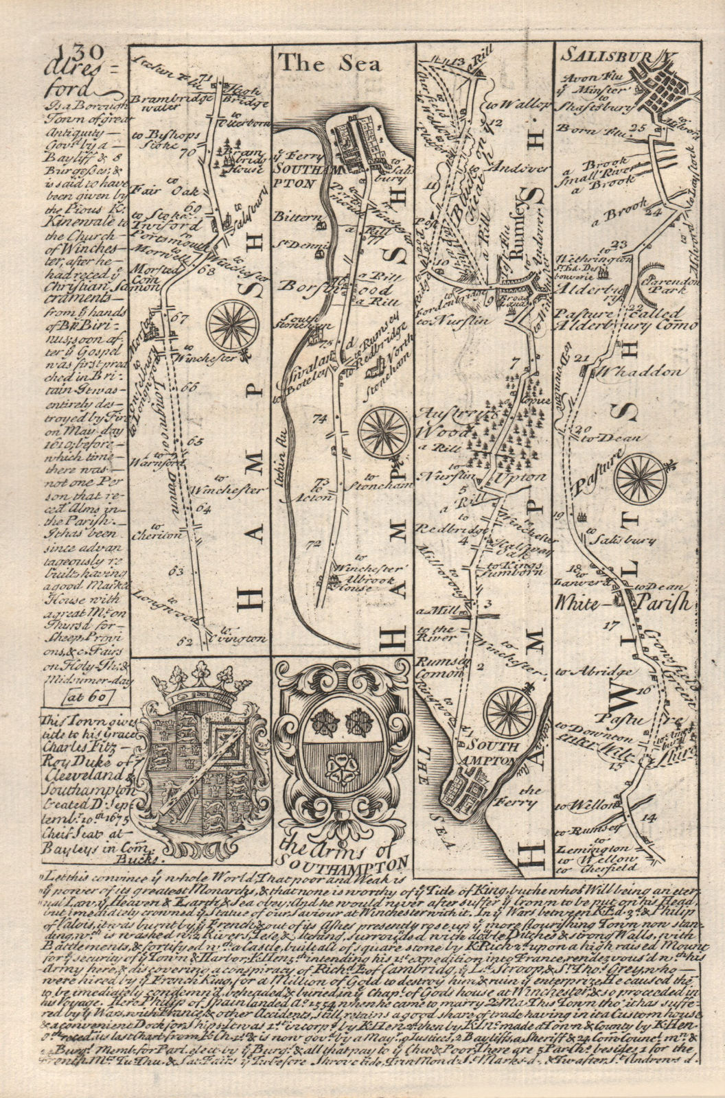 Southampton-Romsey-Whiteparish-Salisbury road map by J. OWEN & E. BOWEN 1753