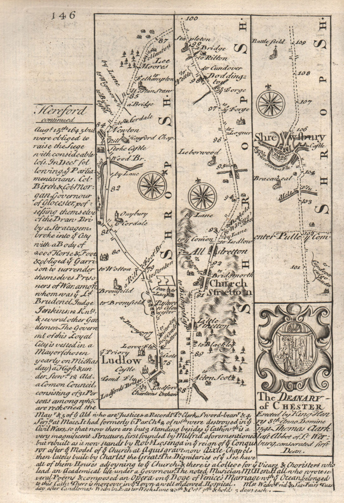 Ludlow-Church Stretton-Leebotwood-Shrewsbury road map by OWEN & BOWEN 1753