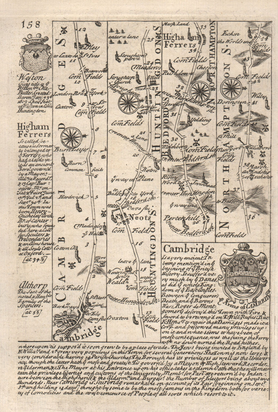 Associate Product Cambridge-St Neots-Higham Ferrers road strip map by J. OWEN & E. BOWEN 1753