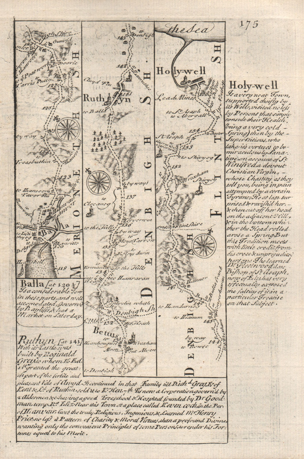 Associate Product Bala-Betws Gwerfil Goch-Ruthin-Holywell road map by J. OWEN & E. BOWEN 1753