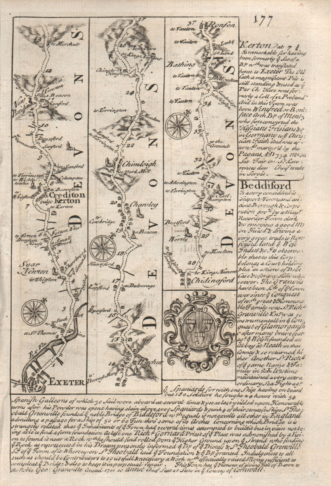 Associate Product Exeter-Crediton-Chulmleigh-Chittlehamholt road map by J. OWEN & E. BOWEN 1753
