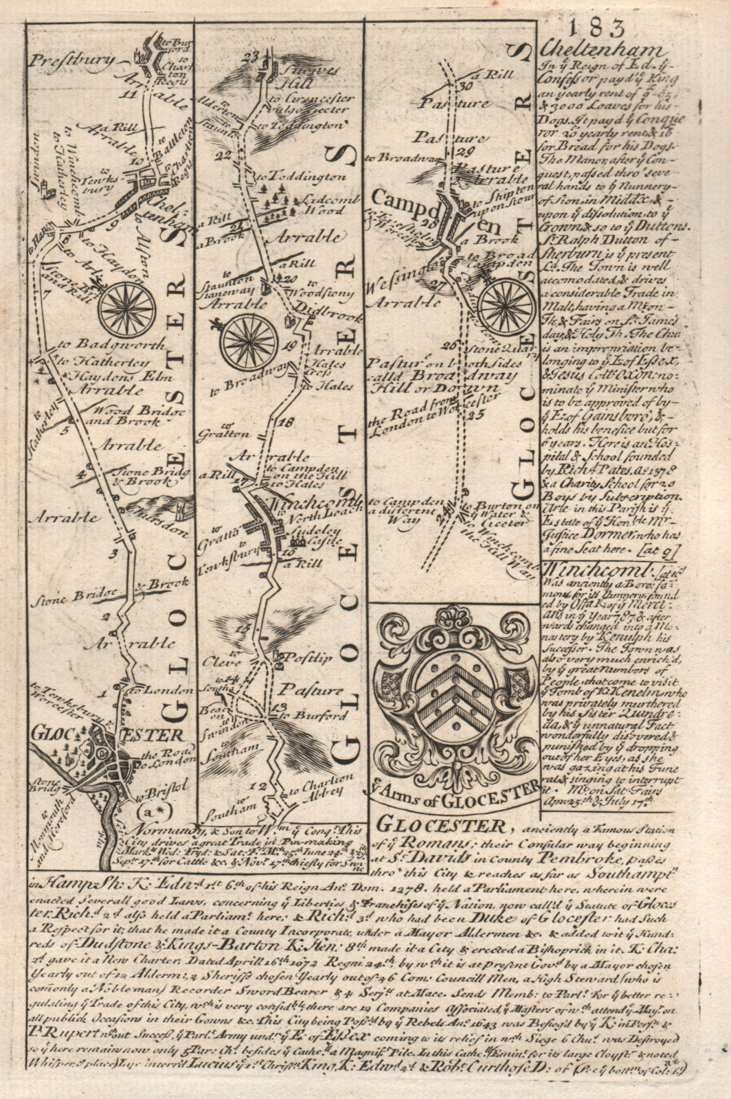 Gloucester-Cheltenham-Winchcombe-Chipping Campden road map by OWEN & BOWEN 1753