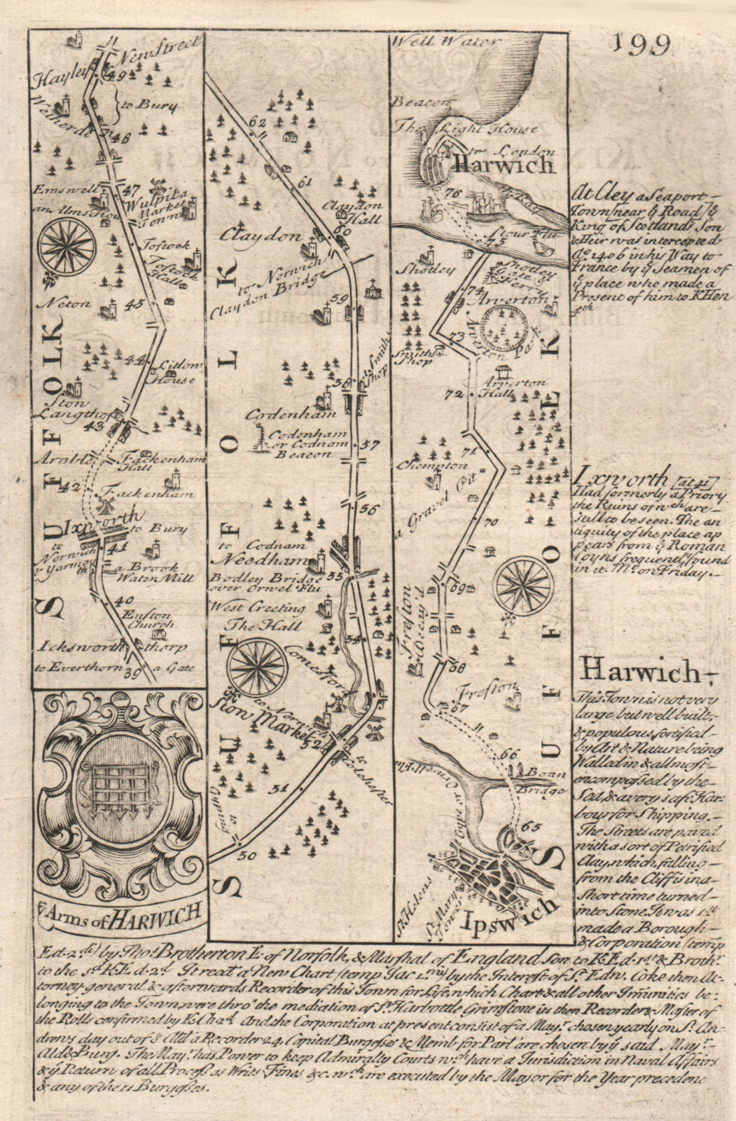 Ixworth-Stowmarket-Claydon-Ipswich-Harwich road map by OWEN & BOWEN 1753