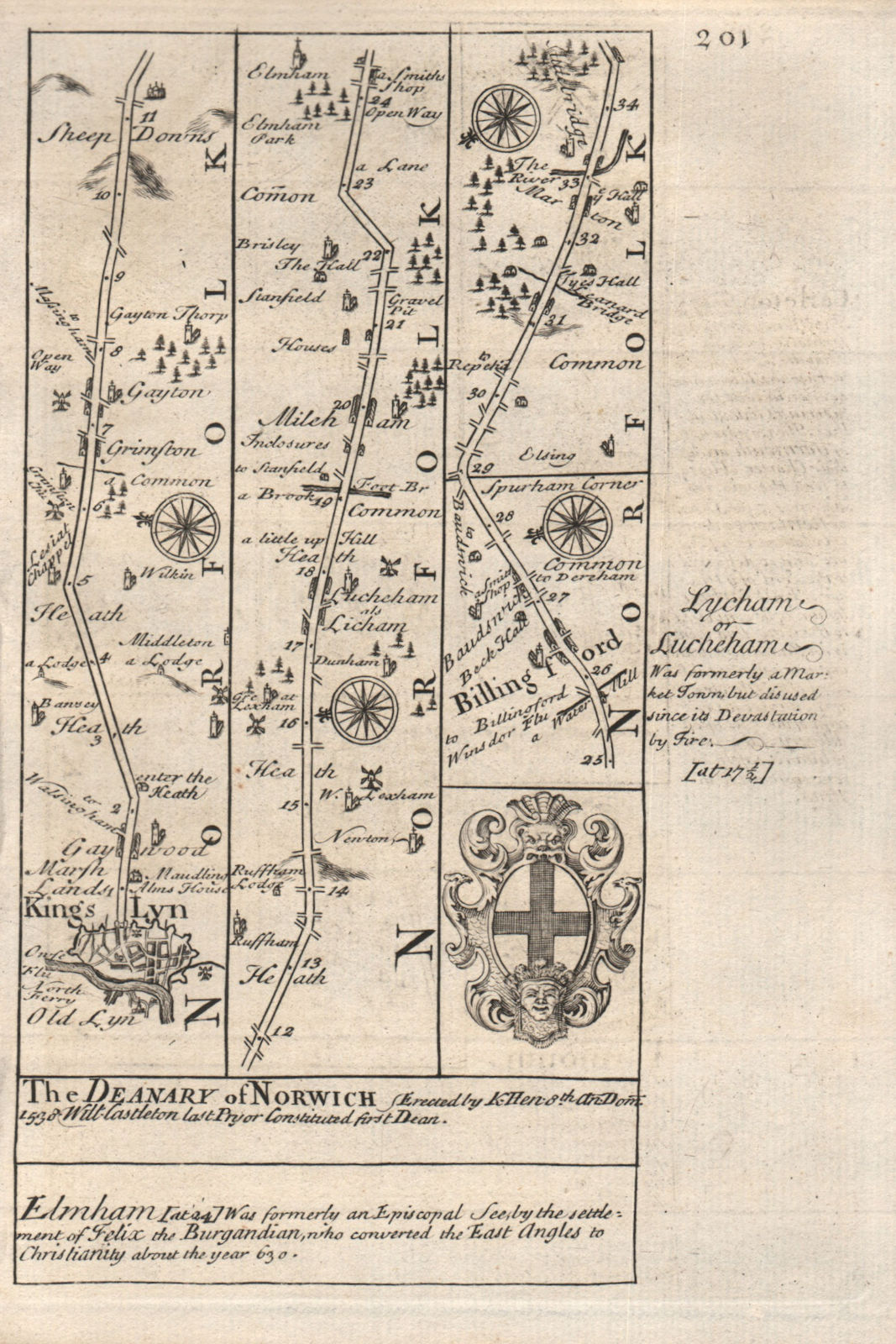 Associate Product King's Lynn-Gaywood-Gayton-Mileham-Billingford road map by OWEN & BOWEN 1753