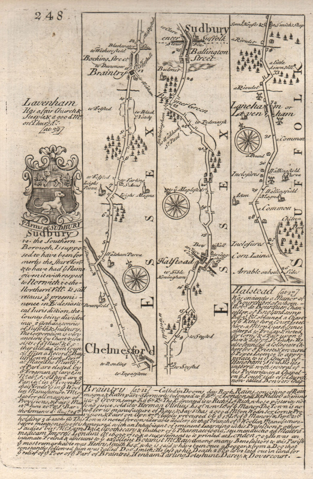 Associate Product Chelmsford-Braintree-Sudbury road strip map by J. OWEN & E. BOWEN 1753 old