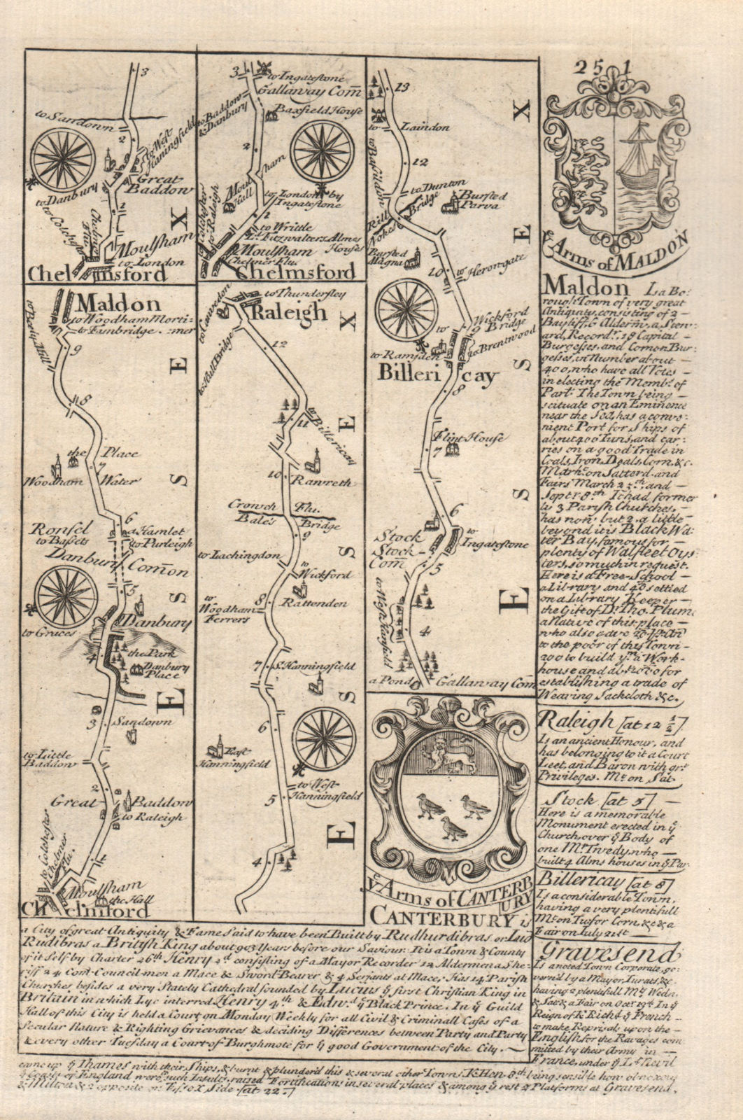 Chelmsford-Maldon-Rayleigh-Billericay road map by J. OWEN & E. BOWEN 1753