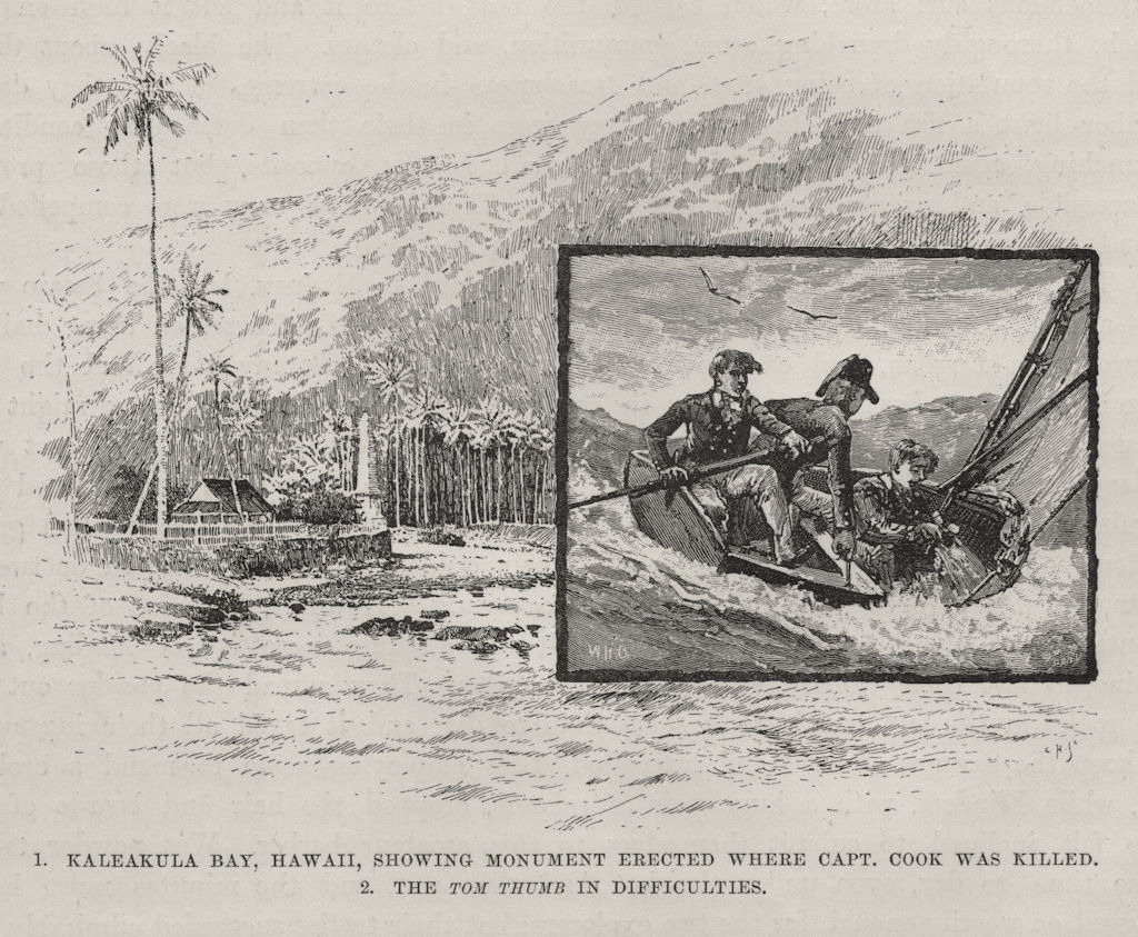Kaleakula Bay, Hawaii. Captain Cook monument. 'Tom Thumb' in trouble 1890