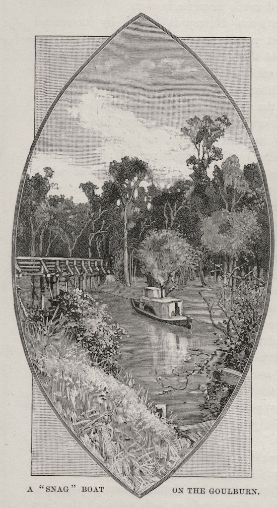 A " Snag " Boat on the Goulburn. The Murray river basin. Australia 1890 print