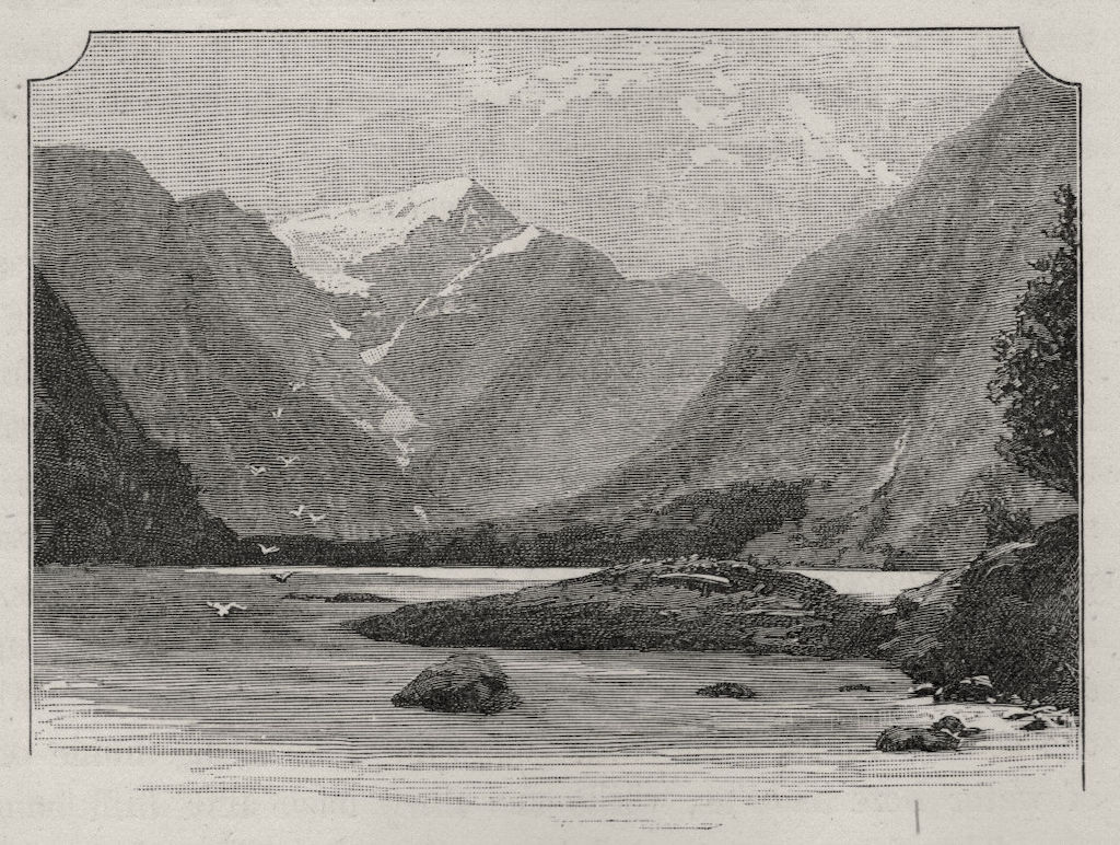 Milford Sound. The West Coast Sounds. New Zealand 1890 old antique print