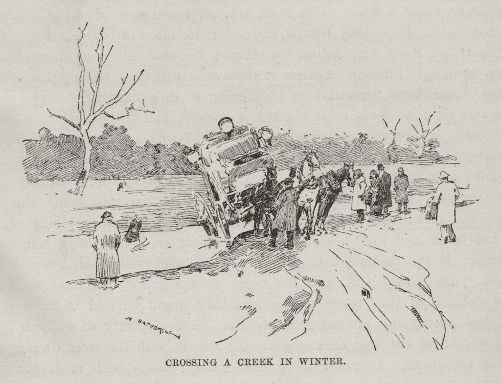 Crossing a Creek in Winter. Australia 1890 old antique vintage print picture