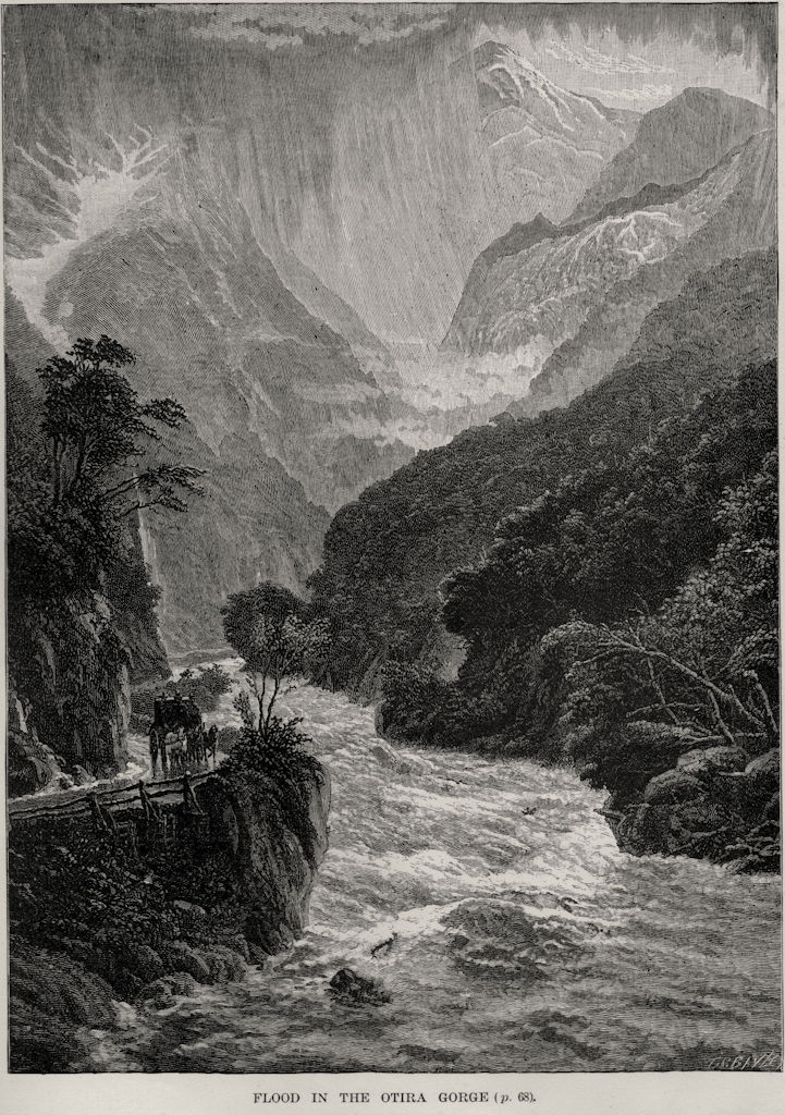 Flood in the Otira Gorge. New Zealand 1890 old antique vintage print picture