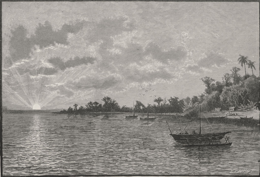 Sunrise at York Island, Torres Straits. New Guinea 1890 old antique print