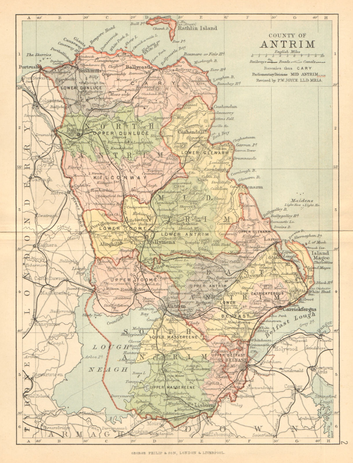 COUNTY ANTRIM. Antique county map. Ulster Belfast Lisburn. BARTHOLOMEW c1902
