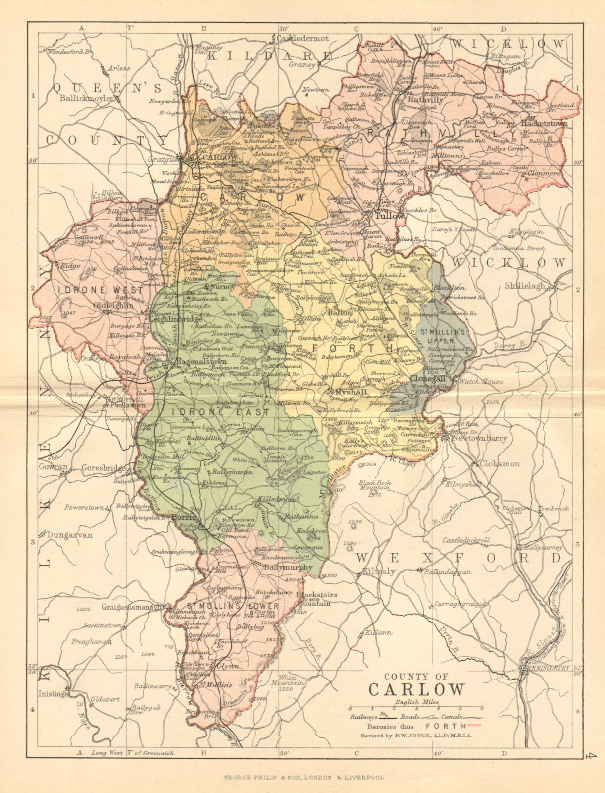 COUNTY CARLOW. Antique county map. Leinster. Ireland. BARTHOLOMEW c1902